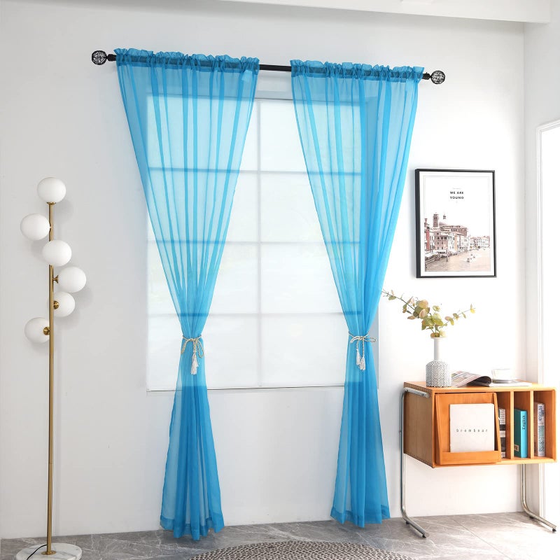 youleyar Solid Sheer Rod Pocket Curtain Voile Draperies 2 Panels White Beige Black Grey Coffee 52 Inch Width 72 Inch Long 1 Pair for Kitchen Bedroom Children Living Room Yard (Cyan Blue,52Wx72L) - Image 2